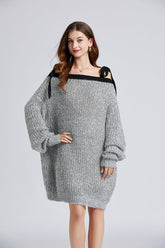 Frauen Neue Herbst Winter Sexy Schultergurt Funkelnde Silber Seide Helle Linie Faul Pullover Lose Kleid